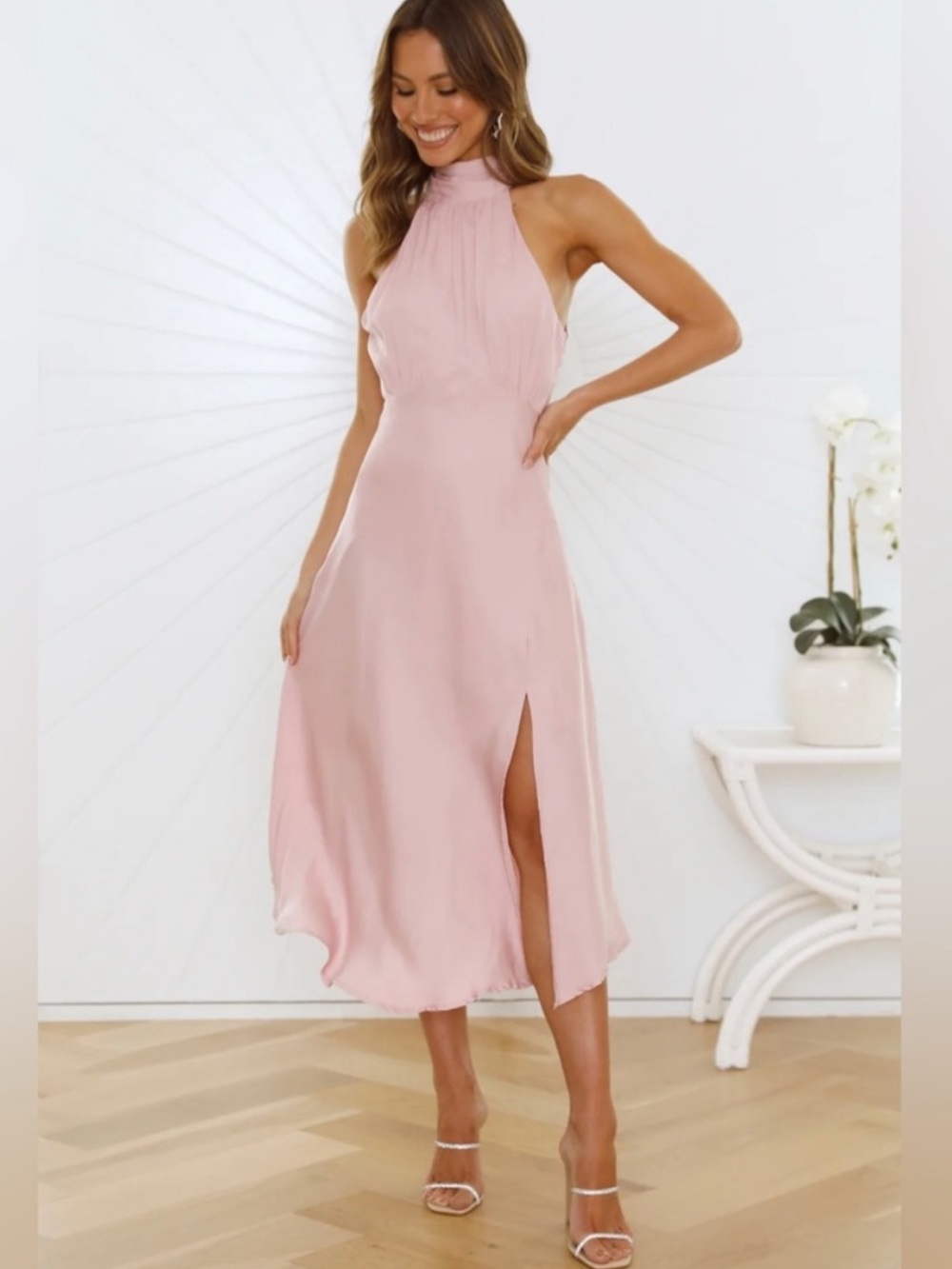 Hello Molly Halter Blush Midi Silky Dress peach color - Picture 5 of 8